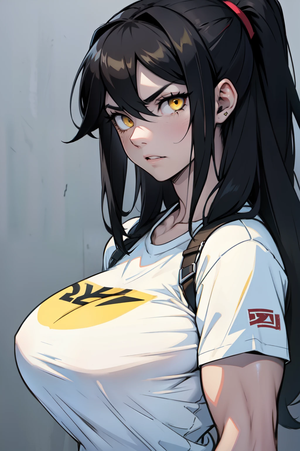 muscular girl thick breasts black hair yellow eyes pale skin best quality sad frown thick