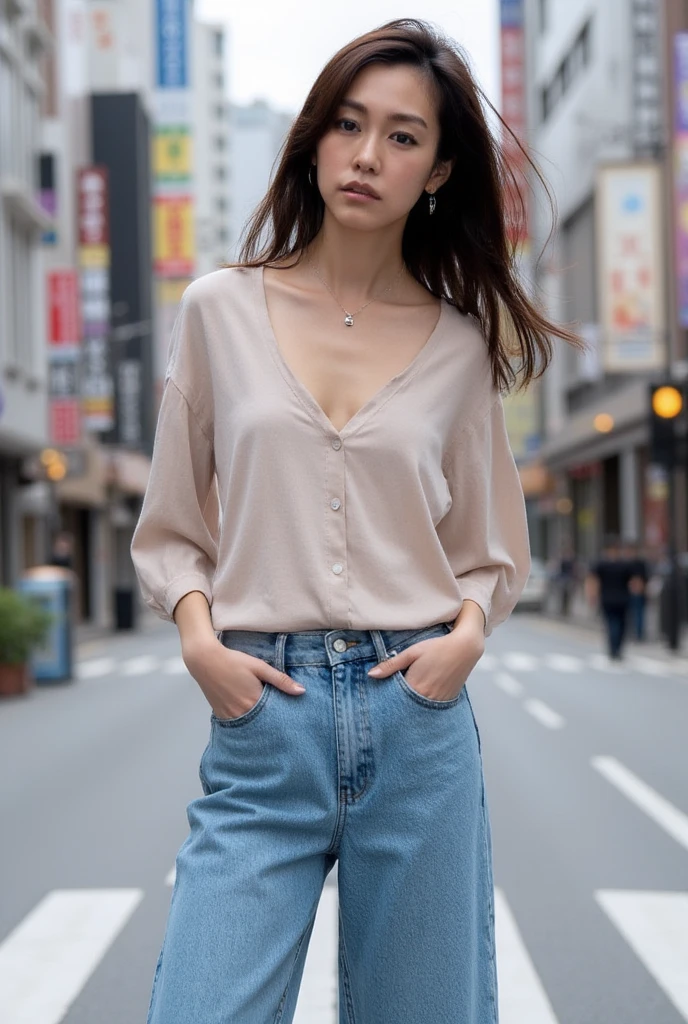 Beautiful young woman standing naked on top in the streets of Shibuya, wearing low rise jeans, shy face