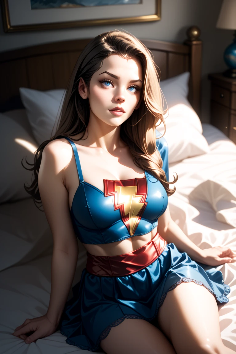 Sexy mary marvel,sitting on a bed,detailled abs,detailled face,strong