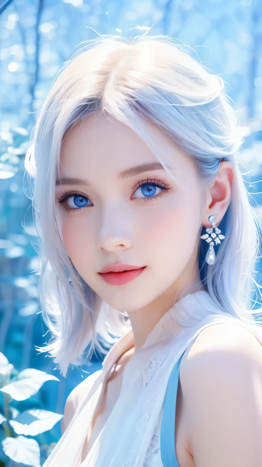 minimalist，fashion girl，white hair，blue background，Wearing special earrings，Bohemian style，Defined eyelashes，Full bright blue eyes，Clean and transparent eyes，close up，Portrait facing camera，Smile flat illustration，Geometry，clean，japanese manga