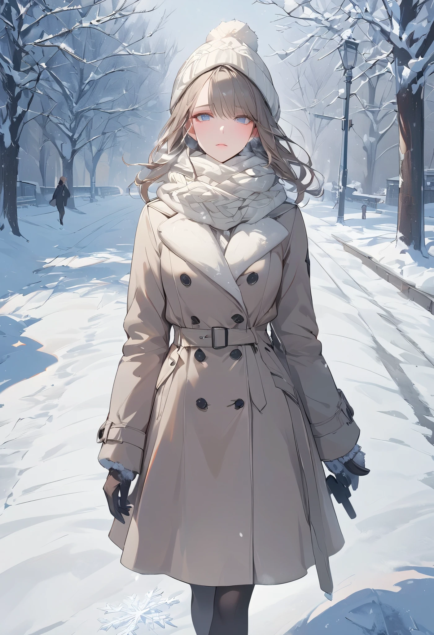 (((Best quality, 8k, Masterpiece: 1.3)), ((best quality)), ((masterpiece)), (detailed), perfect face, perfect body, (detailed skin:1.3), (intricate details), A woman wearing a warm wool coat, a cozy scarf, and knitted hat, walking on a snowy path during a cold winter day. She is also wearing gloves, and her breath is visible in the frosty air due to the cold temperature. Snowflakes are gently falling, and the ground is covered with a layer of fresh snow. The scene is serene and peaceful, with soft natural lighting and a wintry atmosphere. The woman's outfit is stylish yet practical, with earthy or neutral tones, complementing the snowy background