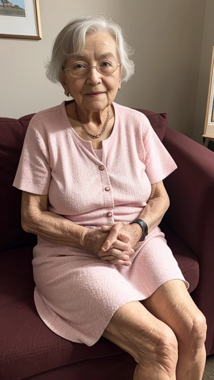 a beautiful smiling 80 year old lady sitting on a chair in a nursing home