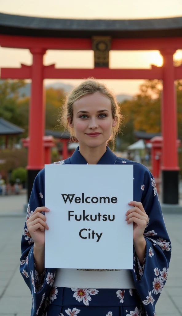  Front view, Name is Diane Kruger,  1 woman, beautiful young American woman,  30-age, (blond  hair, Short hair , fringe, beautiful dark blue eye, smile), (C cup breasts, wide hip), ( Japanese traditional Dark blue Kimono, kimono's below  flower pattern , White obi with flower pattern ) , White board hold both hands, writing word "Welcome Fukutsu City" front Shinto shrine, The Road of Light , sunset, (super detail, high details, high quality, accurate, anatomically correct, textured skin, beautiful fingers super detail, high details, high quality, best quality)