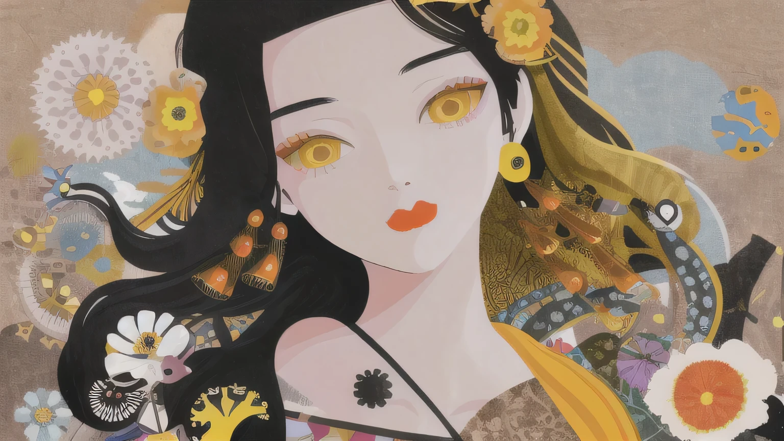 masterpiece, best quality,
paint,illustration,
style2,solo,simple background,
a cartoon illustration of a lady ina yellow shirt over art by mrs butterfly, in the style of grunge beauty, sandara tang, mixed patterns, text and emoji installations, close up, charming character illustrations, folkloric