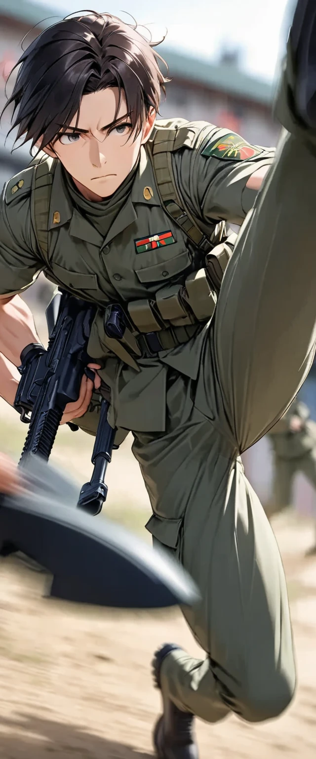 Handsome dark-haired young man in the Japan Ground Self-Defense Force "Asuka" ,  assaults from above while holding an assault rifle by his side(( motion blur :8.0 ,  Blurred Background)), Ground Kick  , Extreme Closeup  ,  lower angle  , Focus on kicking legs