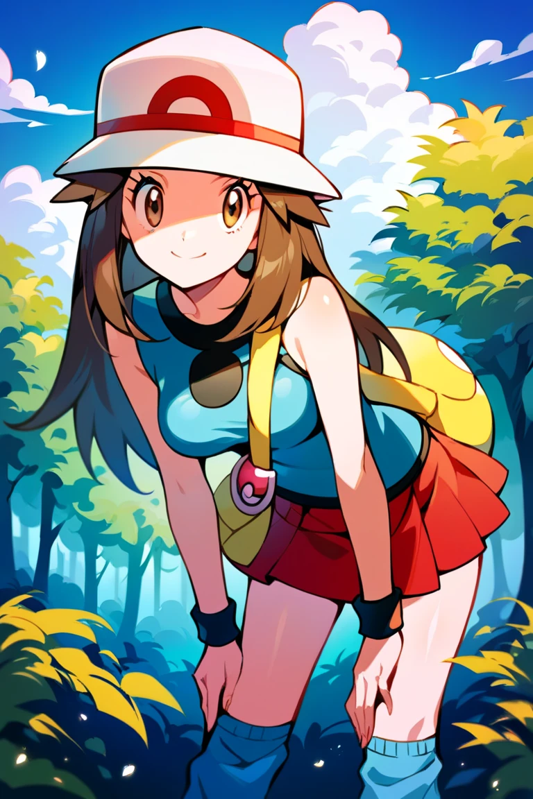 score_9, score_8_up, score_7_up, score_6_up, best quality, source_anime, cel shading, flat color, vector, detailed background, blue background, clouds, trees, forest, BREAK 1girl, solo, leaf_(\pokemon\), brown hair, long hair, brown eyes, white hat, blue sleeveless shirt, red skirt, blue socks, yellow duffle bag, wristbands, medium breasts, bent over, close up, 1 crossbody bag, looking at viewer, smile, closed mouth, press my chest together,