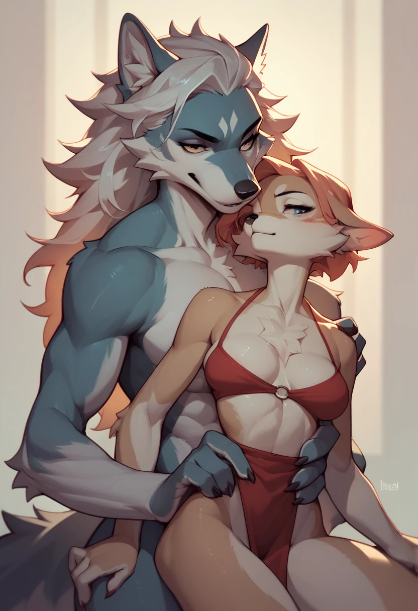 of 2 anthro wolves, they are embracing a beautiful woman and seem to love each other and smile happily.