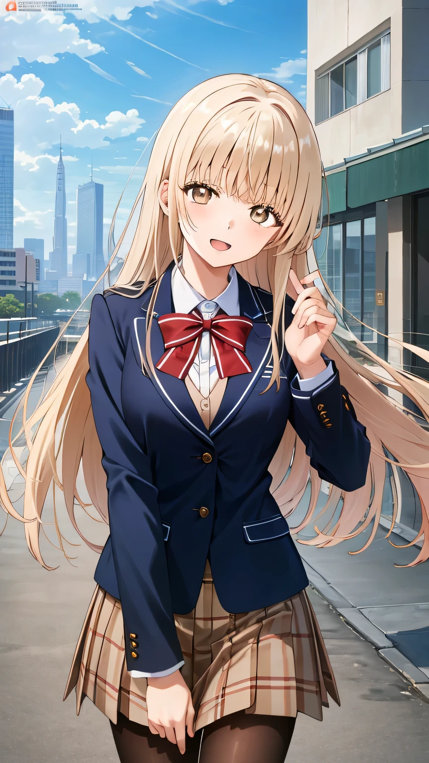 {{{masterpiece}}}, (best quality:1.5), (ultra-detailed:1.5), {illustration}, {{an extremely delicate and beautiful}}, (beautiful detailed eyes:1.5), absurdres, highres, extremely detailed face, 16k, hd, visual anime de uma jovem mulher, extremamente bonito rosto de anime, anime melhor garota, (perfect hands, perfect anatomy), anime face, Shiina Mahiru(The Angel Next Door Spoils Me Rotten), aamahiru,1girl, solo, cute face, long hair, Blonde Hair, (Brown eyed:1.5), (High resolution eyes, Beautiful eyes、Light in the eyes), flushed cheeks, Slender, medium breasts, thin waist, big hips, curvaceous, red bowtie, blue jacket, blazer, long sleeves, white shirt, pleated skirt, plaid skirt, brown skirt, black pantyhose, thighs, BREAK, open mouth, smiling, flushed cheeks, walking, looking at viewer, outdoor, city, building, sky, daytime, cowboy shot