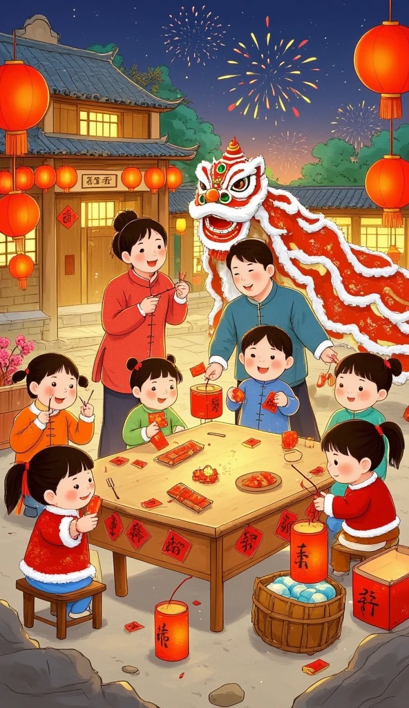 Perfect finger details， extremely fine face and skin ，Warm scene ，Perfect finger details，new year，Family of five，（grandmother，dad，Mother，，）Perfect finger details，Eat together ， sitting around the table ， Happy，A warm atmosphere， illustration，