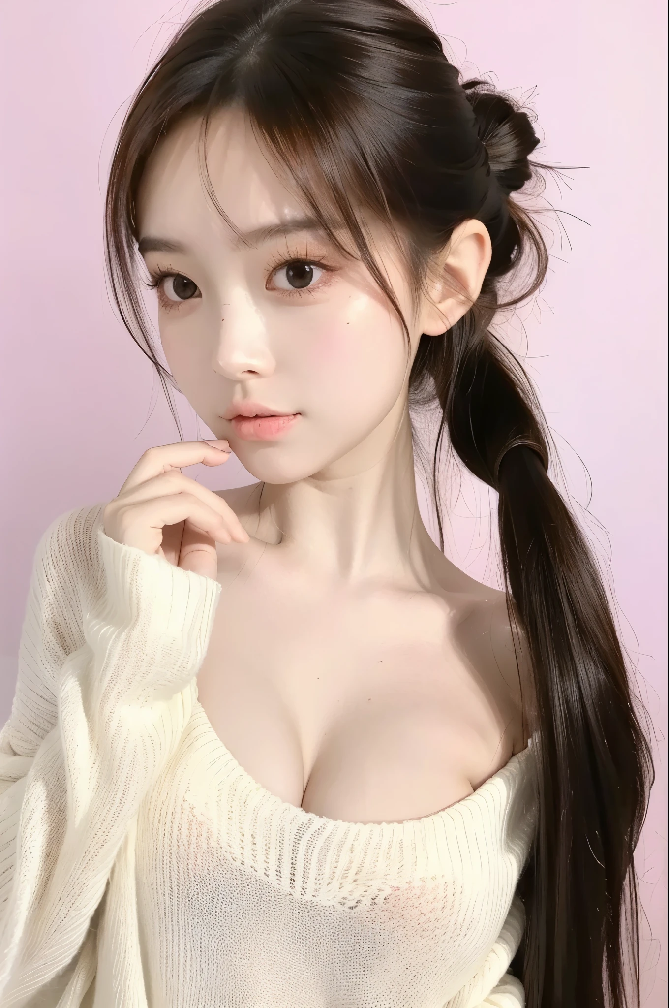  beautiful woman with perfect body：1.4，Layered Hairstyle，Sexy， Transparent Sweater ， high-precision facial and skin texture ，Skin Whitening， long ponytail 