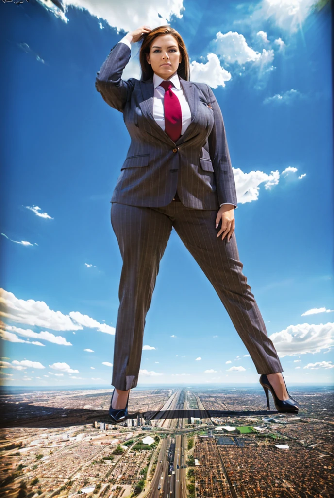 Giantess art, 100 miles tall giga giantess, sophisticated and stylish woman in a light grey italian pinstriped trouser suit, form fitting crisp white office shirt, and a large wide crimson necktie in a windsor knot, with a beautiful, curvaceous figure, large natural breasts, and long wavey redhead hair, with a curvaceous figure and massive breasts. wearing blue rounded court high heels with uncovered feet and standing, rampage-like pose, with a cityscape background of mega-city, urban sprawl, and small towns, partially obscured by a hazy, cloudy atmosphere. The image is a high-resolution, masterpiece-quality, cinematic, ultra-detailed, and hyper-photorealistic photograph, with perfect hands, face, and lighting. ultra-detailed, 8K, photo-realistic, hyper-realistic, masterpiece, intricate details, full body view. Looking at camera, The image is a high-resolution, masterpiece-quality, cinematic, ultra-detailed, and hyper-photorealistic photograph, with perfect hands, face, and lighting. ultra-detailed, 8K, photo-realistic, hyper-realistic, masterpiece, intricate details, full body view from below