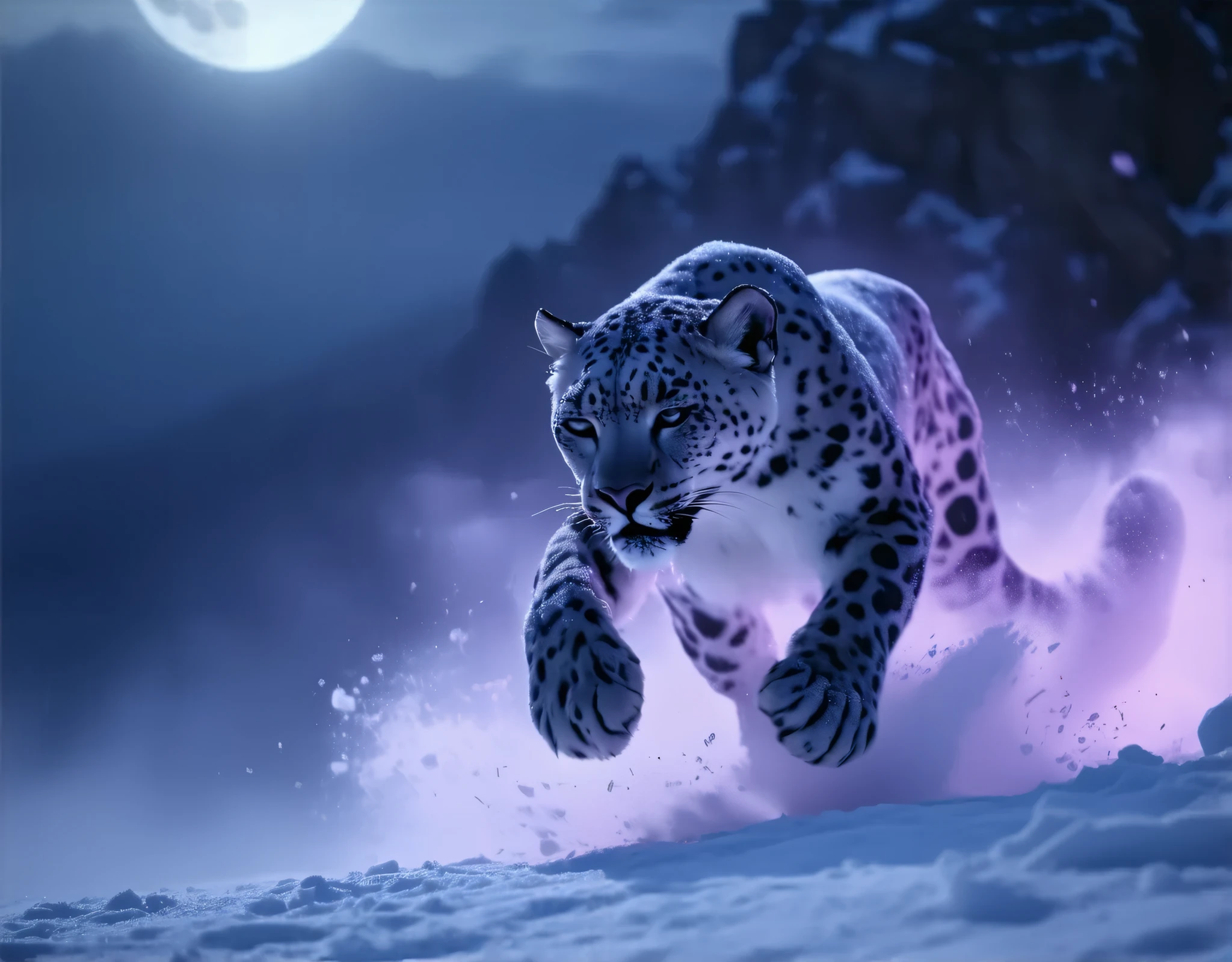 (8k, top quality, Masterpiece , Final Fantasy Style: 1.2),Atmospheric perspective, 8K, Very detailed, A snowy field on a quiet night, A snowy field at a quiet night, (looking up from below composition,:1.3), a snow leopard wearing pure white winter fur,A snow leopard is jumping off a cliff in pursuit of its prey, running rapidly down the steep cliff of a snowy mountain, raising snow smoke, keen eyes, dynamic, ferocious, murderous, Moonlit night, clear air, night fog, sparkling ice particles in the air, , The sky turns eerily purple