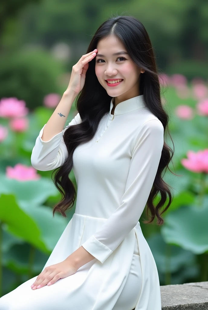 a beautiful girl in Vietnam white ao dai, best quality, background lotus, smile, asian face, long hair, beautiful eyes