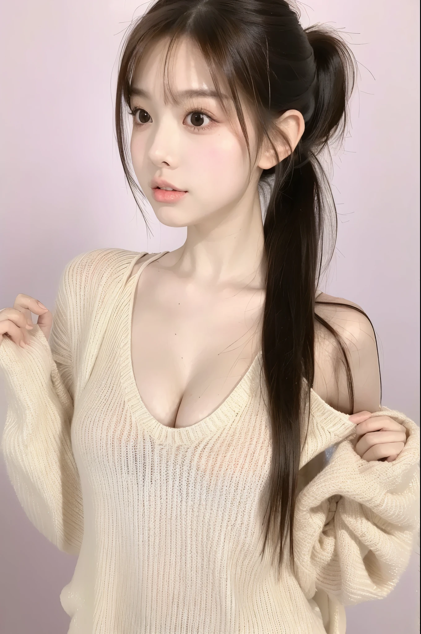  beautiful woman with perfect body：1.4，Layered Hairstyle，Sexy， Transparent Sweater ， high-precision facial and skin texture ，Skin Whitening， ponytail