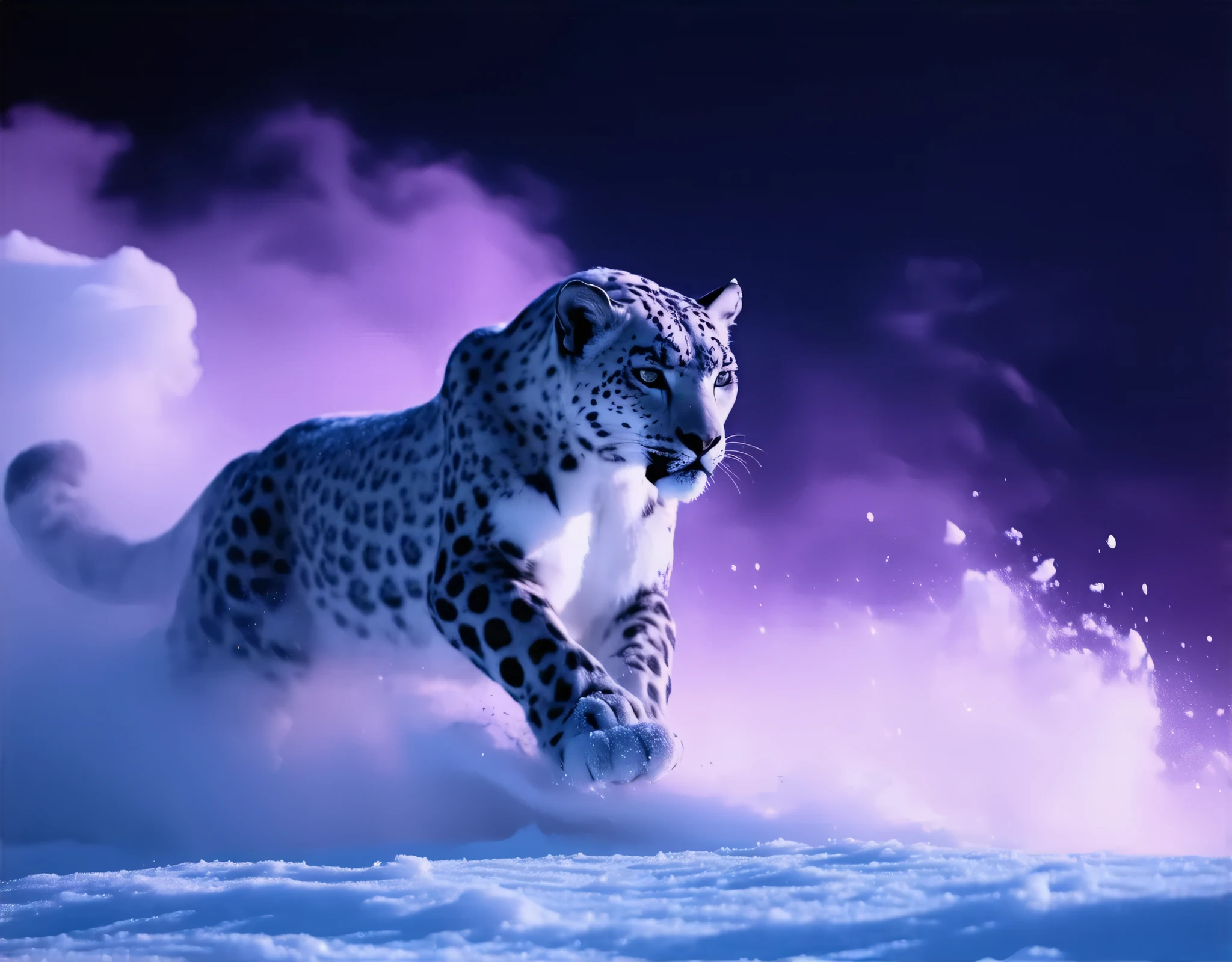 (8k, top quality, Masterpiece , Final Fantasy Style: 1.2),Atmospheric perspective, 8K, Very detailed, A snowy field on a quiet night, A snowy field at a quiet night, (looking up from below composition,:1.3), a snow leopard wearing pure white winter fur,A snow leopard is jumping off a cliff in pursuit of its prey, running rapidly down the steep cliff of a snowy mountain, raising snow smoke, keen eyes, dynamic, ferocious, murderous, Moonlit night, clear air, night fog, sparkling ice particles in the air, , The sky turns eerily purple