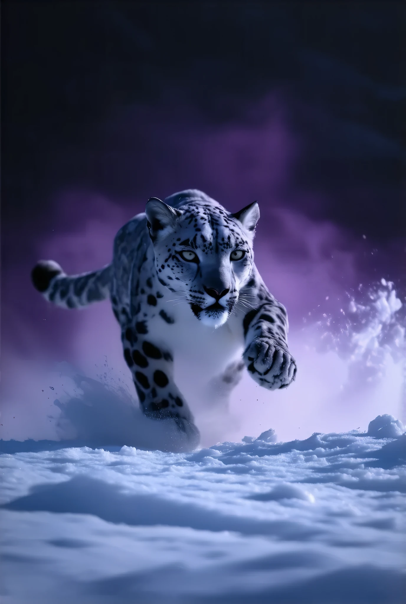 (8k, top quality, Masterpiece , Final Fantasy Style: 1.2),Atmospheric perspective, 8K, Very detailed, A snowy field on a quiet night, A snowy field at a quiet night, (looking up from below composition,:1.3), a snow leopard wearing pure white winter fur,A snow leopard is jumping off a cliff in pursuit of its prey, running rapidly down the steep cliff of a snowy mountain, raising snow smoke, keen eyes, dynamic, ferocious, murderous, Moonlit night, clear air, night fog, sparkling ice particles in the air, , The sky turns eerily purple