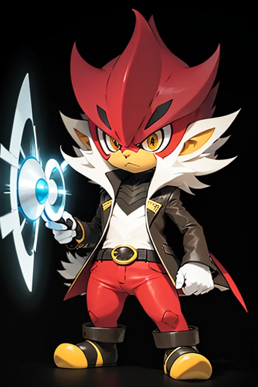 Black-haired boy with fox ears and tail surrounded by green flames with red wings on his back Red eyes, full body worked