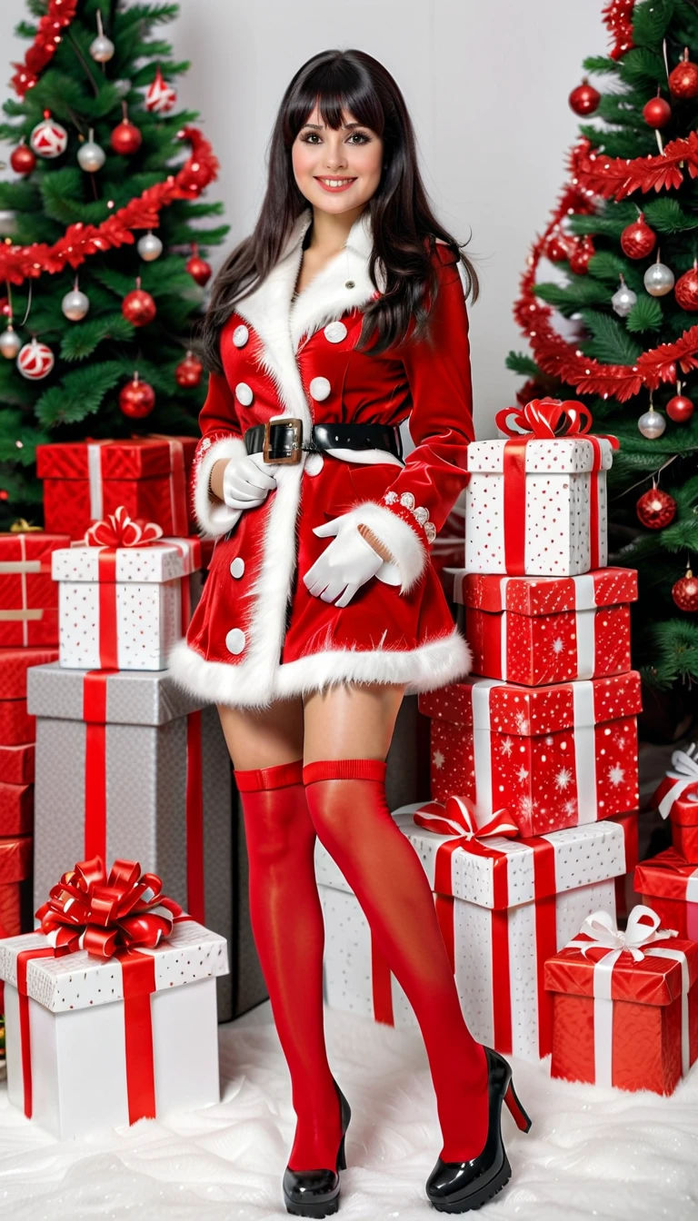 Best quality, a beautiful woman, 35 years-old,  with black straight long hair and bangs, make up, lashes, smiling, she is wearing SPARKLING santa claus RED AND WHITE JACKER OVER WHITE mini dress, belt, red leather gloves, ((GLOSSY brown tights)), over-the-knees black boots, HOLDING A GIFT BOX, , in christmas decorated florest background