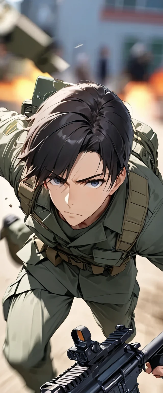 Handsome dark-haired young man in the Japan Ground Self-Defense Force "Asuka" ,  assault rifle from above while holding an assault rifle by your side(( motion blur :9.5 ,  Blurred Background)), Ground Kick  , Extreme Closeup  , Super low angle  , Focus on serious expressions