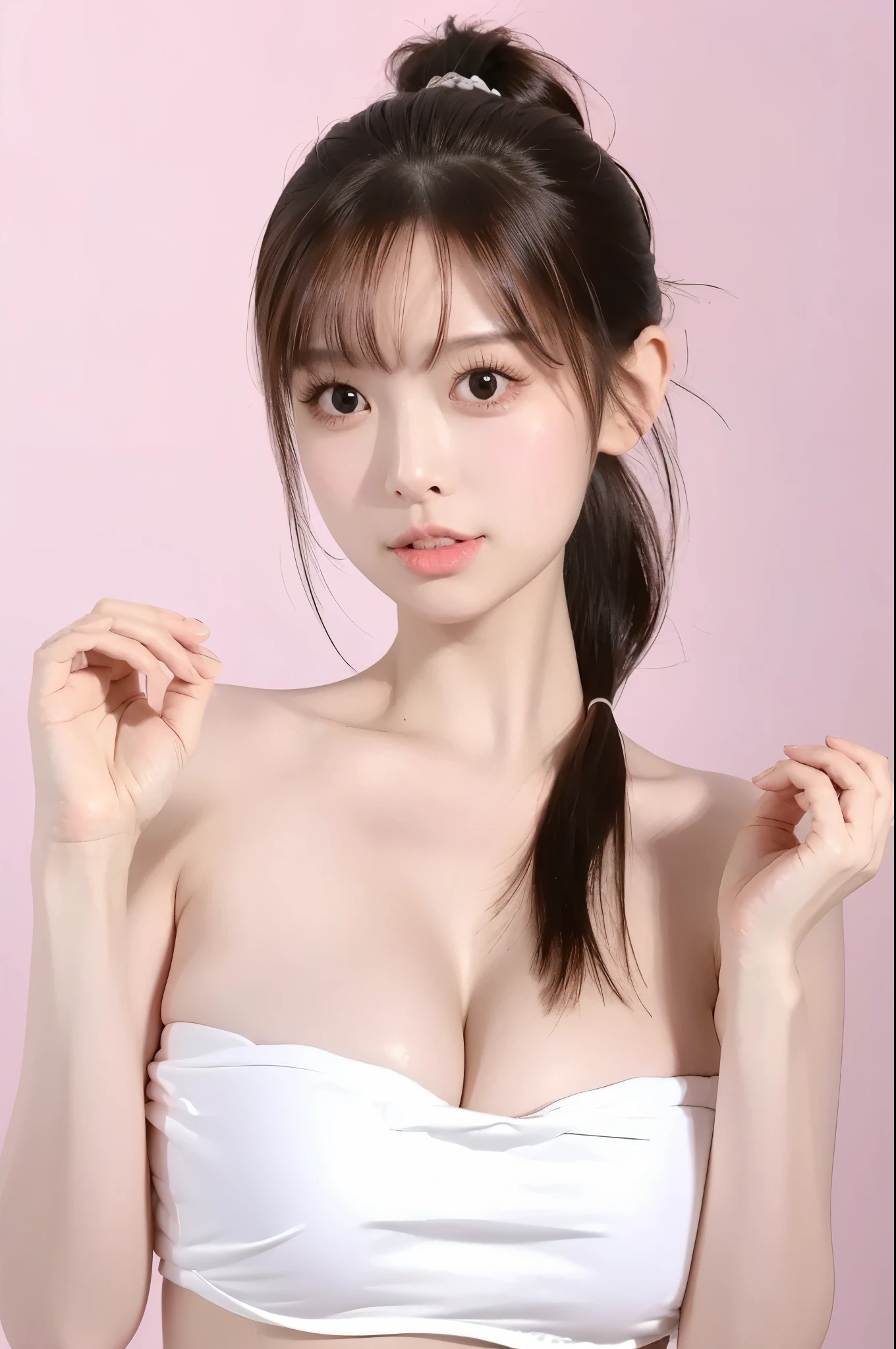  beautiful woman with perfect body：1.4，Layered Hairstyle，Sexy，Tube Top， high-precision facial and skin texture ，Skin Whitening， ponytail