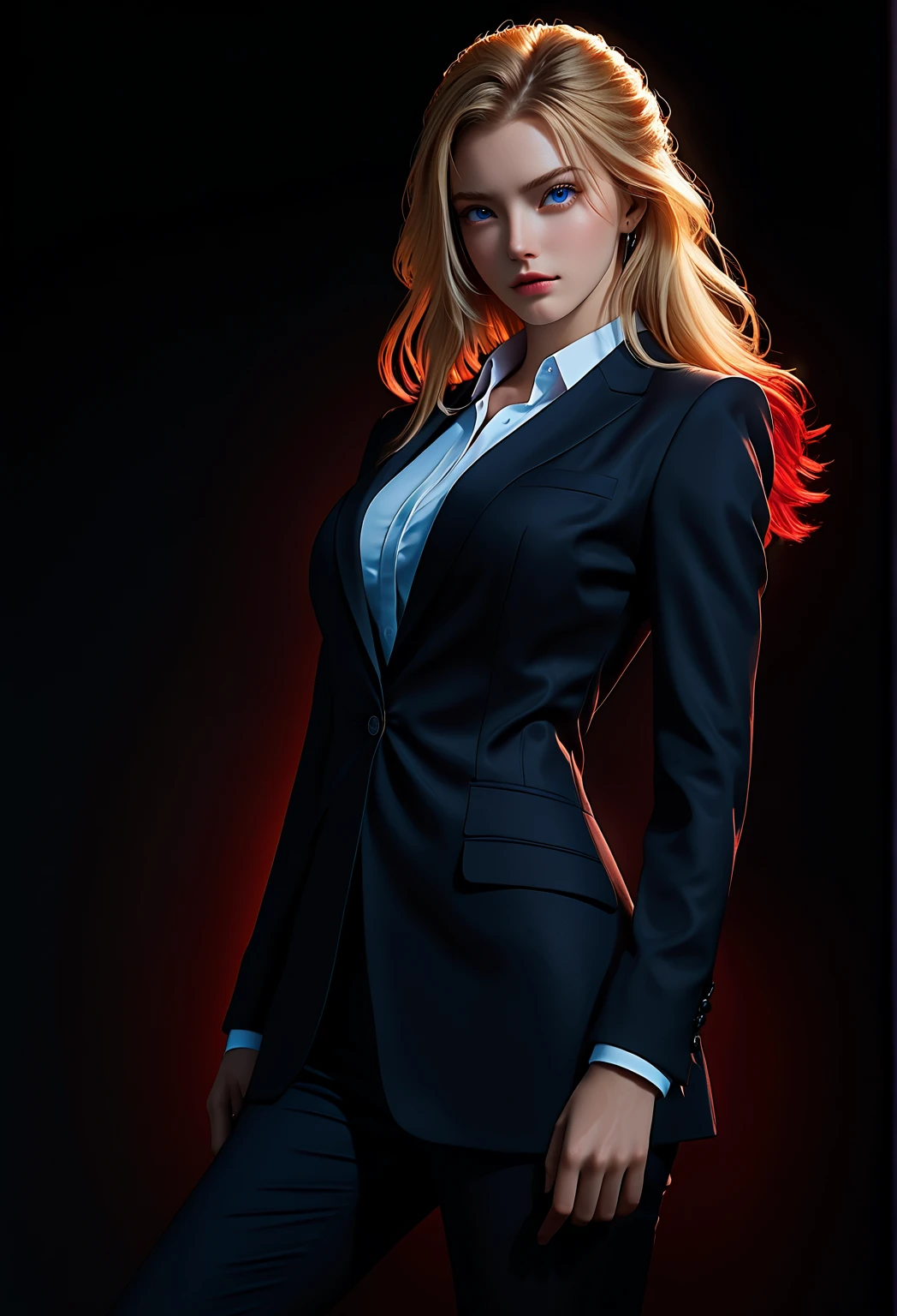 Best quality,masterpiece,ultra high res,(photorealistic:1.4),raw photo,(1girl,curvy,red gradient hair,blonde hair,blue eyes,detailed eyes and face,black business suit,dynamic lighting,in the dark,deep shadow,low key,cowboy shot full-lenght body,)