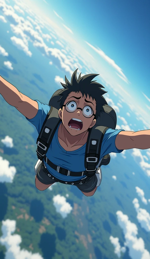 An anime of a skydiver descending in the sky. He is extremely scared, where he is teary and screaming for his life. Motion blur and wind effects can be seen. Fisheye lens to show the sky and the terrain with the skydiver in the air.