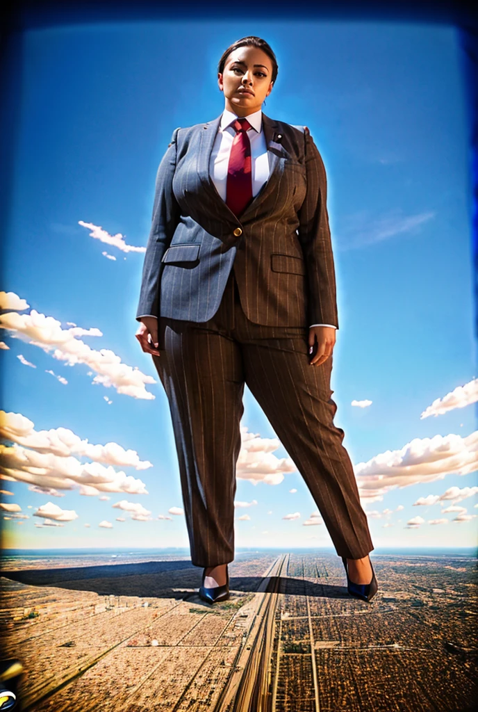 Giantess art, 100 miles tall giga giantess, sophisticated and stylish woman in a light grey italian pinstriped trouser suit, form fitting crisp white office shirt, and a large wide crimson necktie in a windsor knot, with a beautiful, curvaceous figure, large natural breasts, and long wavey redhead hair, with a curvaceous figure and massive breasts. wearing blue rounded court high heels with uncovered feet and standing, rampage-like pose, with a cityscape background of mega-city, urban sprawl, and small towns, partially obscured by a hazy, cloudy atmosphere. The image is a high-resolution, masterpiece-quality, cinematic, ultra-detailed, and hyper-photorealistic photograph, with perfect hands, face, and lighting. ultra-detailed, 8K, photo-realistic, hyper-realistic, masterpiece, intricate details, full body view. Looking at camera, The image is a high-resolution, masterpiece-quality, cinematic, ultra-detailed, and hyper-photorealistic photograph, with perfect hands, face, and lighting. ultra-detailed, 8K, photo-realistic, hyper-realistic, masterpiece, intricate details, full body view from below