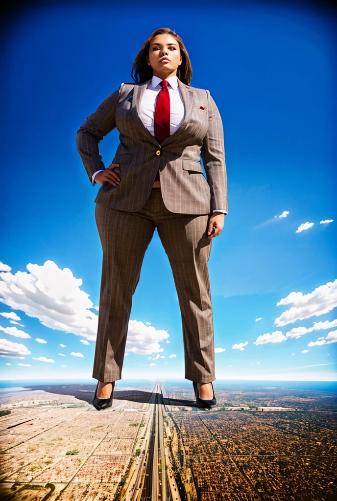 Giantess art, 100 miles tall giga giantess, sophisticated and stylish woman in a light grey italian pinstriped trouser suit, form fitting crisp white office shirt, and a large wide crimson necktie in a windsor knot, with a beautiful, curvaceous figure, large natural breasts, and long wavey redhead hair, with a curvaceous figure and massive breasts. wearing blue rounded court high heels with uncovered feet and standing, rampage-like pose, with a cityscape background of mega-city, urban sprawl, and small towns, partially obscured by a hazy, cloudy atmosphere. The image is a high-resolution, masterpiece-quality, cinematic, ultra-detailed, and hyper-photorealistic photograph, with perfect hands, face, and lighting. ultra-detailed, 8K, photo-realistic, hyper-realistic, masterpiece, intricate details, full body view. Looking at camera, The image is a high-resolution, masterpiece-quality, cinematic, ultra-detailed, and hyper-photorealistic photograph, with perfect hands, face, and lighting. ultra-detailed, 8K, photo-realistic, hyper-realistic, masterpiece, intricate details, full body view from below