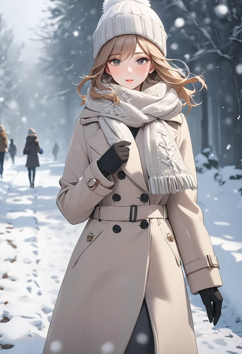 (((Best quality, 8k, Masterpiece: 1.3)), ((best quality)), ((masterpiece)), (detailed), perfect face, perfect body, (detailed skin:1.3), (intricate details), A woman wearing a warm wool coat, a cozy scarf, and knitted hat, walking on a snowy path during a cold winter day. She is also wearing gloves, and her breath is visible in the frosty air due to the cold temperature. Snowflakes are gently falling, and the ground is covered with a layer of fresh snow. The scene is serene and peaceful, with soft natural lighting and a wintry atmosphere. The woman's outfit is stylish yet practical, with earthy or neutral tones, complementing the snowy background