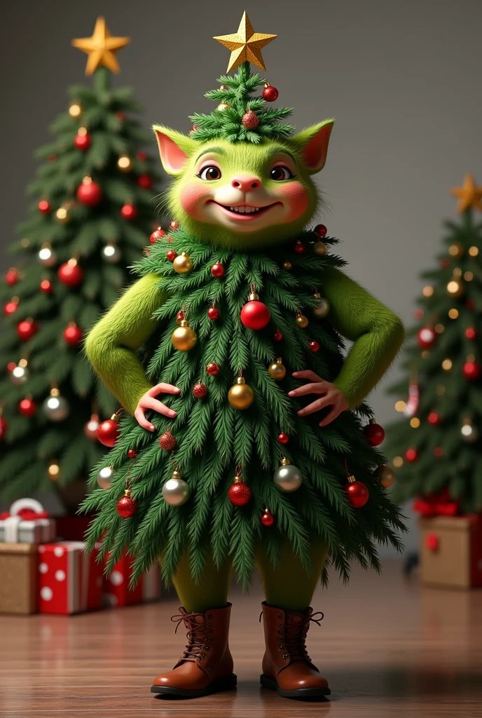 photorealistic portrait of fat green creature wearing Christmas tree costume,(Art by Giuseppe Arcimboldo:1.2),(Christmas theme),(cute),(happy smile:1.2), (elegant),(hands on hips:1.5), high quality,(lovely) ,(highly detailed Christmas tree costume:1.5),Christmas motif accessories,(Christmas tree and ornaments in background:1.5) , ( boots),(Christmas atmosphere), (happy), soft lighting,(full body image:1.5),(Christmas  room background:1.5), ,score_9, score_8_up, score_7_up, score_6_up, score_5_up, score_4_up,(looking at the camera:1.5)