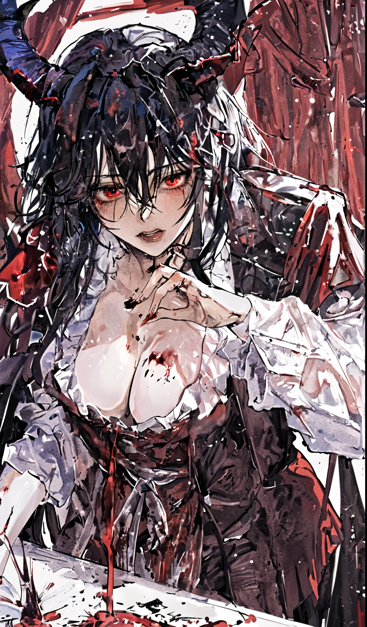 (masterpiece:1.2, Highest quality), (Actual Photos, Intricate details), (1 female, alone, Small breasts) ，Distorted facial expressions、Blood splatter、Cuts on the face、burns on the face、whole body、Punk Fashion、Long Hair、Long Bangs、Twin tails、Black Hair、（（（Dark circles under the eyes）））、Pale skin、Pathological、Wicked Smile、Crazy Eyes、（Grin）Dramatic makeup，Create mixed media art、White Background