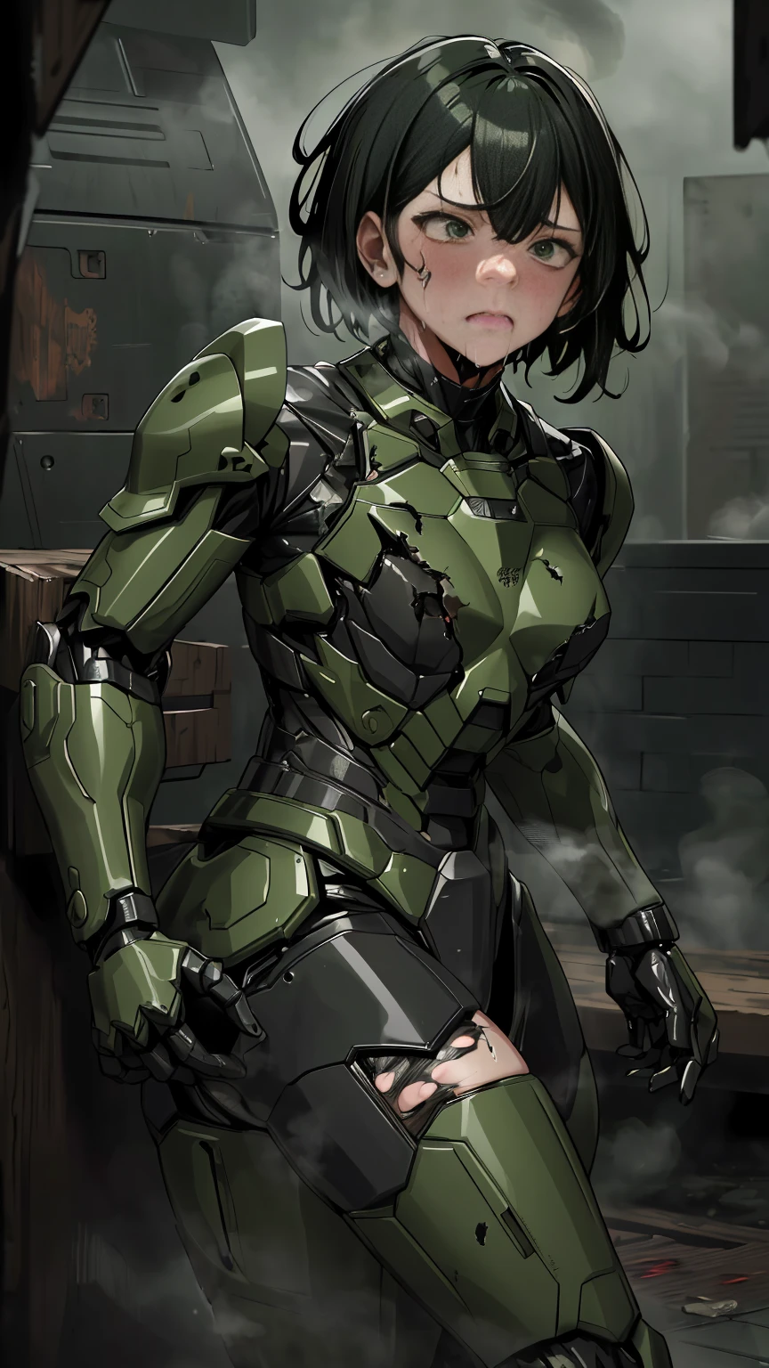 ,  非常に Detailsな,  Details,  high image quality, 最 high image quality,   high definition  , 1080P 、 smoke coming out of the wound  　 green armor 、  wearing green and black clothes 、cute((全身のSerious damage))(  injured woman in robot suit...)()(Broken Armor)((  cracks are spreading  ))(Black  smoke coming out of the wound  )  black hair、 Boyish short hair、Torn Armor、  wet hair 、 closes the eye　Faint with mouth open、( steam coming out of the body )Sweaty face、It hurts again、Serious damage、saliva splashes out of her mouth 、saliva dripping from the mouth、  lift up a female college student 　walk short distance　 injured woman wearing a robot suit that doesn't show skin around her neck  　( steam coming out of the face ) (( black smoke coming out of the wound  ))  looks up　saliva　(  Rear View  )   being slammed against a wall 　Bust exposure 　Armor is peeling  