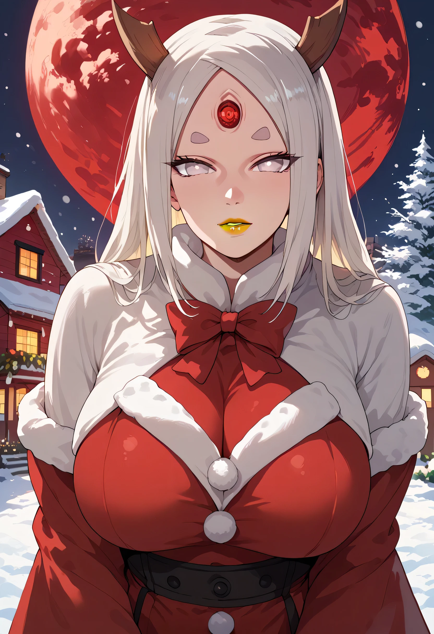 otsutsuki kaguya, girl, solo, christmas outfit, red eye, house, red moon, big breasts, house, pretty, anime style, looking at viewer, yellow lipstick, white hair, white eyes, anime style