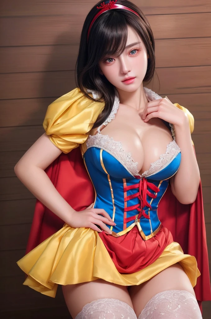 Beautiful Korean 18 year old woman, wearing snow white cosplay, blue silk corset, red silk cape, yellow silk pleated skater skirt, , black bob hair, red hairband, , masterpiece, photorealistic, amazing detailed face, silk bra, padded bra