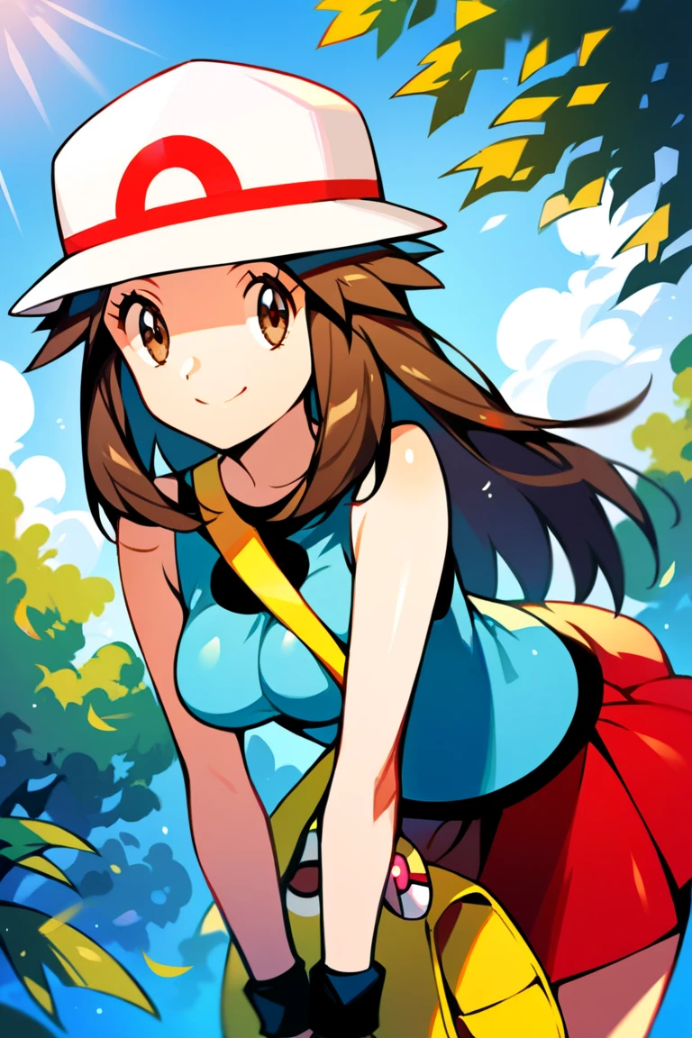 score_9, score_8_up, score_7_up, score_6_up, best quality, source_anime, cel shading, flat color, vector, detailed background, blue background, clouds, trees, forest, BREAK 1girl, solo, leaf_(\pokemon\), brown hair, long hair, brown eyes, white hat, blue sleeveless shirt, red skirt, yellow duffle bag, wristbands, medium breasts, bent over, close up, 1 crossbody bag, looking at viewer, from front, smile, closed mouth, breasts squeezed together,