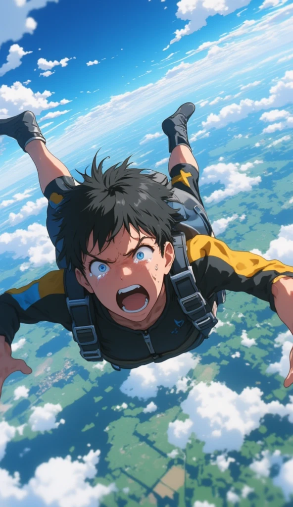 An anime of a skydiver descending in the sky. He is extremely scared, where he is teary and screaming for his life. Motion blur and wind effects can be seen. Fisheye lens to show the sky and the terrain with the skydiver in the air.