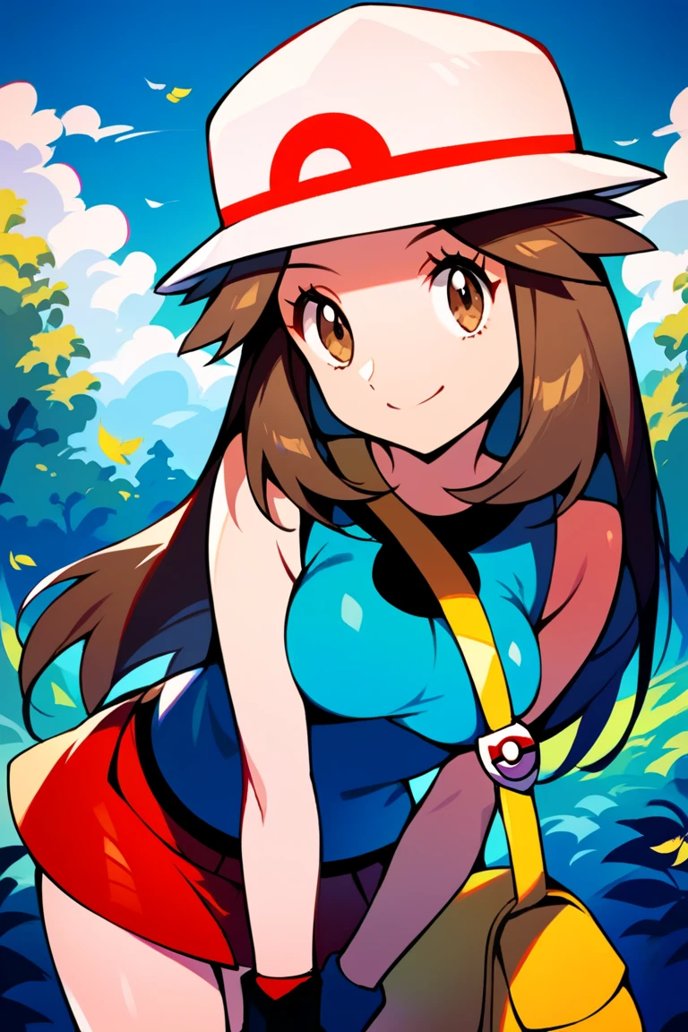 score_9, score_8_up, score_7_up, score_6_up, best quality, source_anime, cel shading, flat color, vector, detailed background, blue background, clouds, trees, forest, BREAK 1girl, solo, leaf_(\pokemon\), brown hair, long hair, brown eyes, white hat, blue sleeveless shirt, red skirt, yellow duffle bag, wristbands, medium breasts, bent over, close up, cowboy shot, looking at viewer, from front, smile, closed mouth, breasts squeezed together,