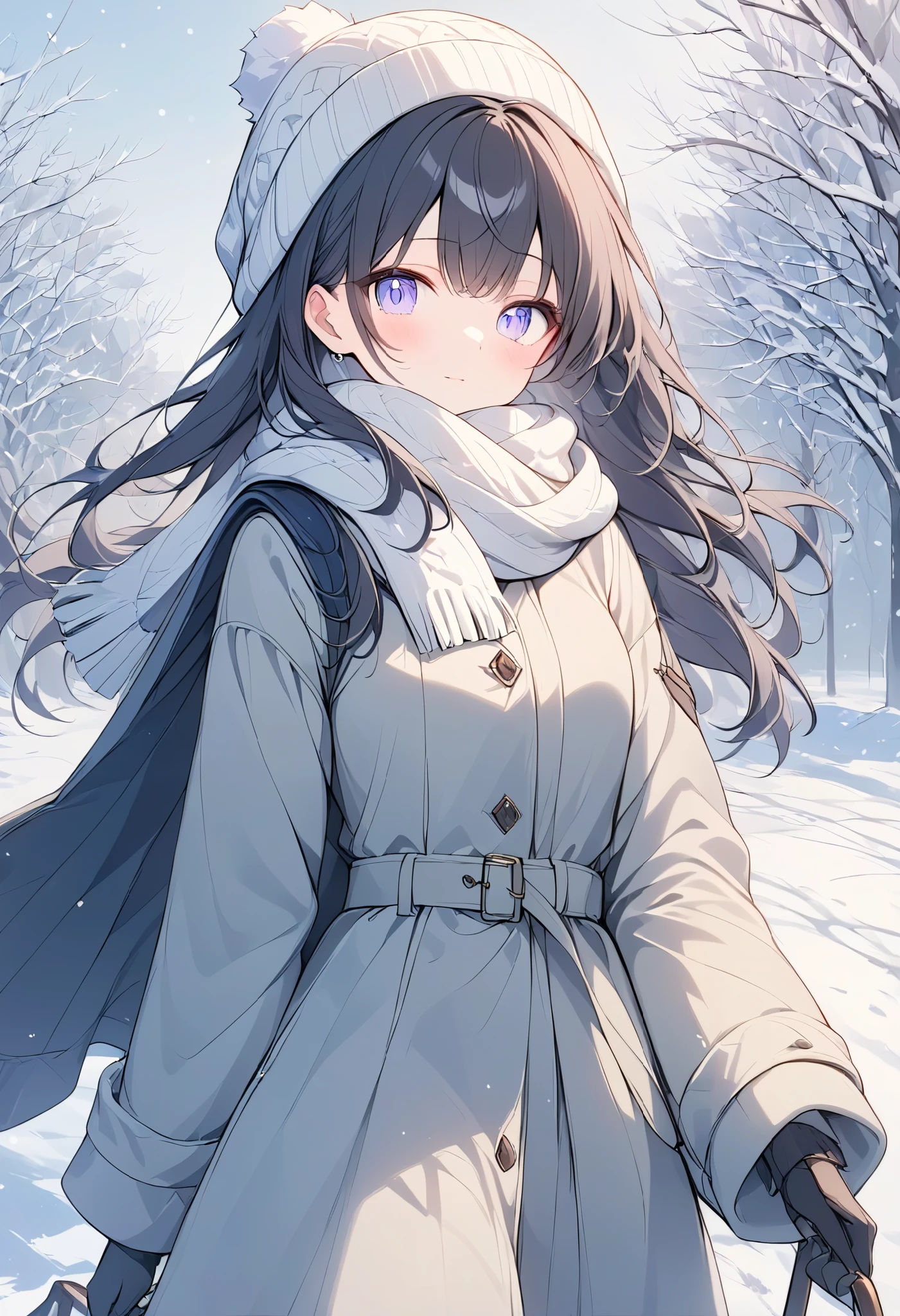 (((Best quality, 8k, Masterpiece: 1.3)), ((best quality)), ((masterpiece)), (detailed), perfect face, perfect body, (detailed skin:1.3), (intricate details), A woman wearing a warm wool coat, a cozy scarf, and knitted hat, walking on a snowy path during a cold winter day. She is also wearing gloves, and her breath is visible in the frosty air due to the cold temperature. Snowflakes are gently falling, and the ground is covered with a layer of fresh snow. The scene is serene and peaceful, with soft natural lighting and a wintry atmosphere. The woman's outfit is stylish yet practical, with earthy or neutral tones, complementing the snowy background