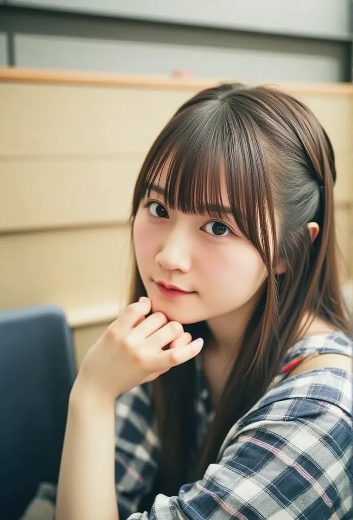 (masterpiece, highest quality:1.2), 8K, young beautiful girl, 85mm,Official AR RAW photo, baby face、clothed big breasts、show me your ears、photo shoot, cute face, thighs, After school classroom, looking at the viewer, embarrassing、smile、no makeup, film grain, chromatic aberration, sharp focus, face light, clear lighting, Ten generations, detailed face, background bokeh、((((((16 year old high school girl))))))、thin waist、sailor suit、not wearing a skirt、pubic hair、vagina