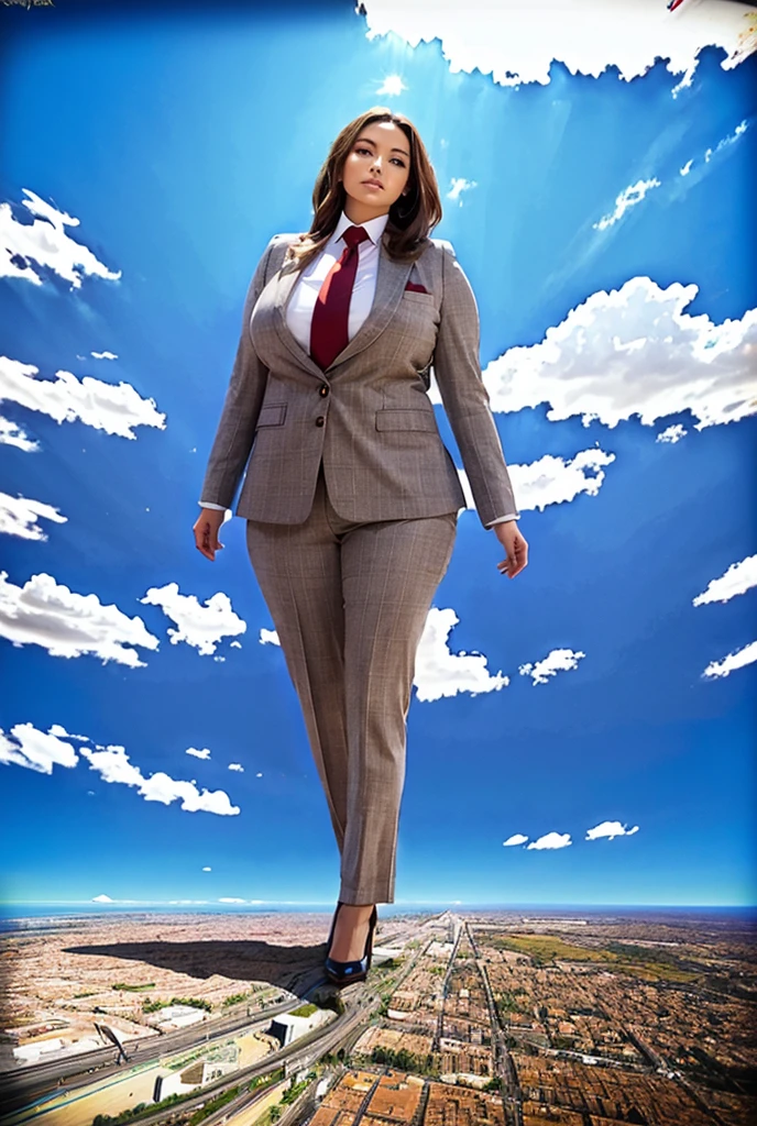 Giantess art, 100 miles tall giga giantess, sophisticated and stylish woman in a light grey italian pinstriped trouser suit, form fitting crisp white office shirt, and a large wide crimson necktie in a windsor knot, with a beautiful, curvaceous figure, large natural breasts, and long wavey redhead hair, with a curvaceous figure and massive breasts. wearing blue rounded court high heels with uncovered feet and standing, rampage-like pose, with a cityscape background of mega-city, urban sprawl, and small towns, partially obscured by a hazy, cloudy atmosphere. The image is a high-resolution, masterpiece-quality, cinematic, ultra-detailed, and hyper-photorealistic photograph, with perfect hands, face, and lighting. ultra-detailed, 8K, photo-realistic, hyper-realistic, masterpiece, intricate details, full body view. Looking at camera, The image is a high-resolution, masterpiece-quality, cinematic, ultra-detailed, and hyper-photorealistic photograph, with perfect hands, face, and lighting. ultra-detailed, 8K, photo-realistic, hyper-realistic, masterpiece, intricate details, full body view from below