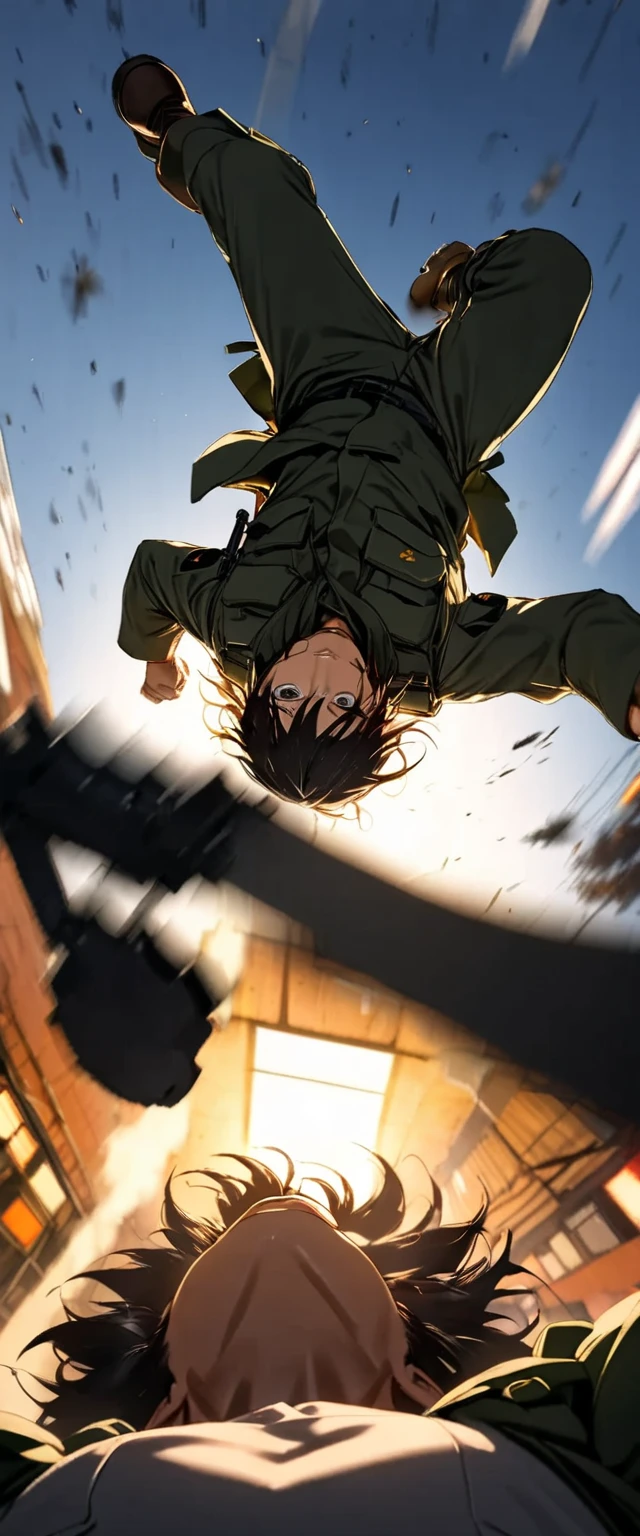 Handsome dark-haired young man in the Japan Ground Self-Defense Force "Asuka" ,  assaults from above while holding an assault rifle by his side(( motion blur :9.5 , backgroundぼかし ,  backlit silhouette  , background：Looking up at the sky )), Ground Kick  , Extreme Closeup  ,  super low angle from the ground , Focus on kicking legs