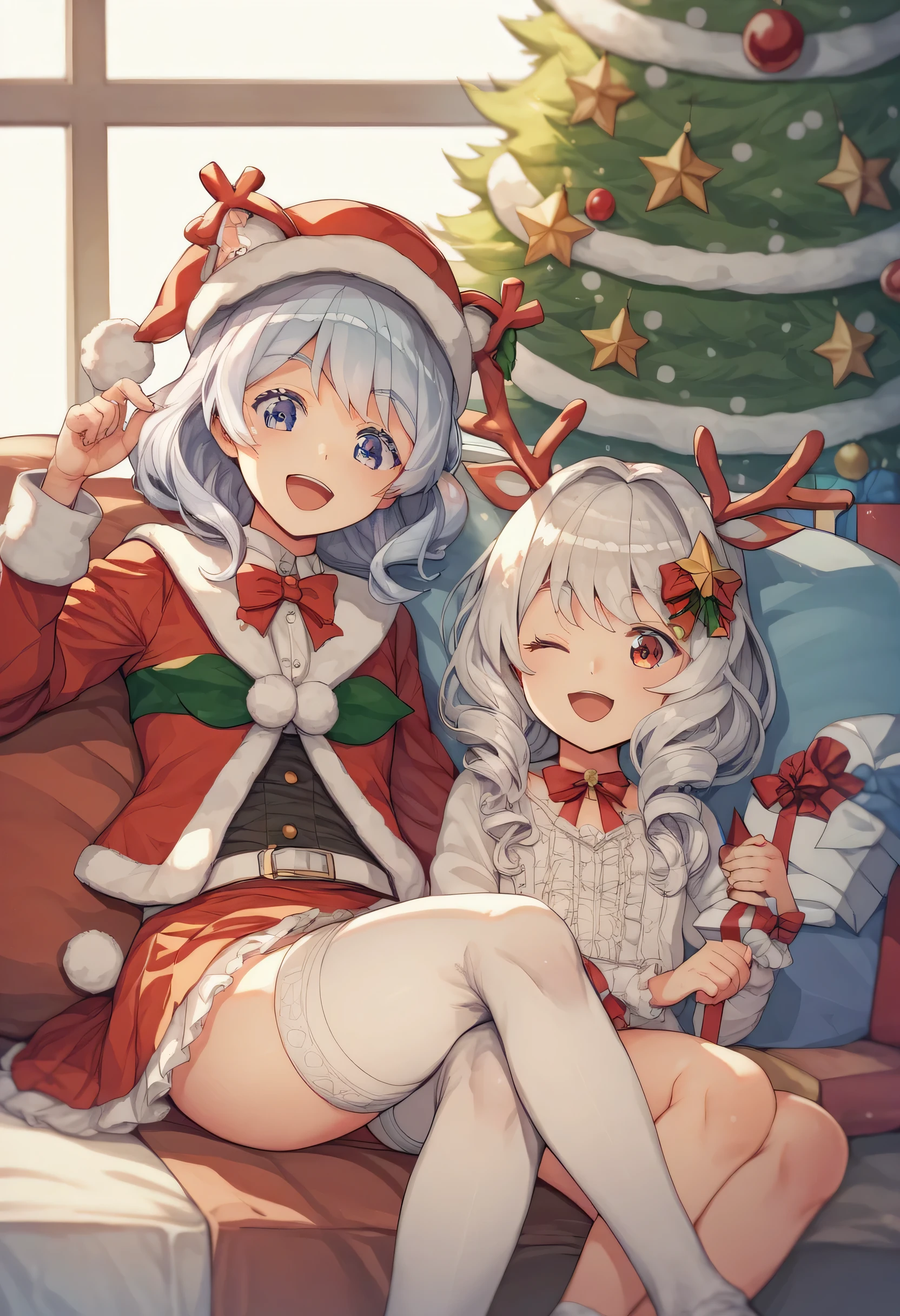 (highest quality:1.3)、(masterpiece:1.3)、(High resolution:1.3)、Beautiful girl alone、(Flying over a residential area:1.3)、Christmas、Yuki、(Bright bronze hair:1.3)、(medium hair)、(Against the background of the starry sky)、detailed face、grin and laugh、orange eyes、(Bridizisium Chest、(Navel exposed:1.3)、devil's horns、devil's wings、(Christmas Costumes:1.3)、(two piece)、santa hat、Bright residential area、illumination、black boots、floating gift box、outside、white knee socks、Glossy skin、full body shot、BREAK reindeer doll、BREAK Snowman Doll
