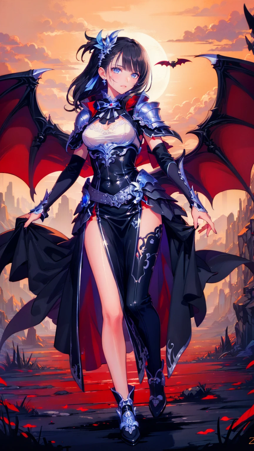 Arafed, dark fantasy art, Gothic art, (masterpiece:1.5), Full Body Vest Details ,  very detailed bustな,  top quality ,  high definition  ,  Full Body Portrait of a Vampire , (masterpiece:1.4,  top quality ), teeth, Ultra-feminine (  intricate detail :1.4, masterpiece,  top quality )  sea-themed armor ,  dark haired,  red eyes ( fantasy art:1.3, masterpiece,  top quality ), ((  beautiful and delicate face  )),  super detailed な顔 (  intricate detail :1.4, fantasy art, masterpiece,  top quality ), [visible sharp vampiric teeth] (  intricate detail , fantasy art, masterpiece,  top quality ), [  anatomically accurate]  red cloak,  flowing cloak  (  intricate detail , fantasy art, masterpiece,  top quality ),  are wearing intricate leather costumes [white]  dress (  intricate detail , Gothic art, masterpiece,  top quality ),  high heel boots  ,  Blood Drips on Lips  , urban background  (  intense details  , Beat Details  ), fantasy , In the light of night, nature ,moonlight, soft moonlight, moonlight, cloud,  gothic atmosphere  ,  and  ,  Flying Bats in the Background  , Soft light,  dynamic light  , [[  anatomically accurate]],  high detail ,  top quality , 8k, [ super detailed ], masterpiece,  top quality , (  very detailed bust),  dynamic angle  ,  super wide angle shot , Born,  realistic ,  zrpg style 
