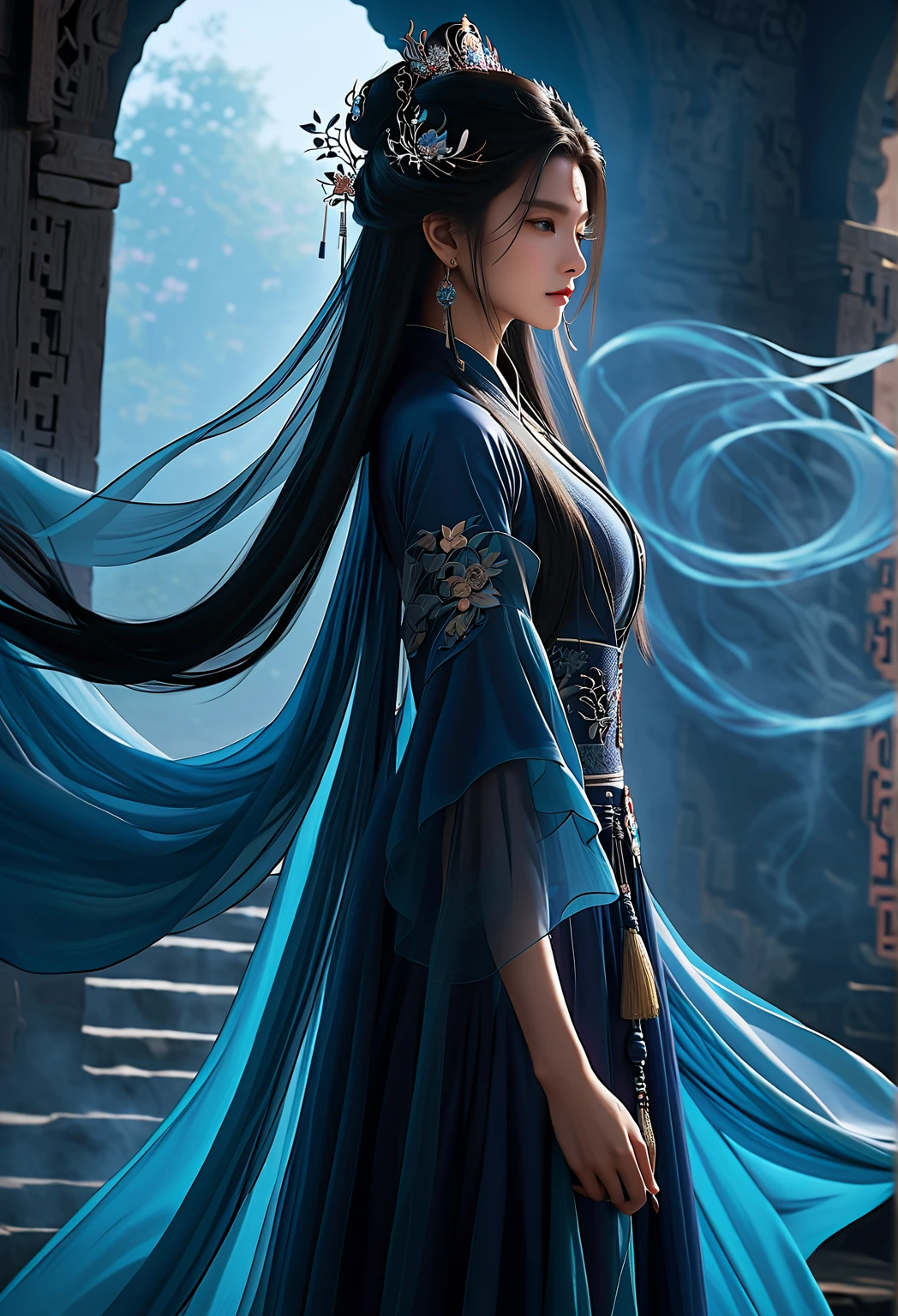 QYHF, the best quality, 2.5D game GC grid, masterpiece, in a mysterious ancient castle, 
A woman in traditional Chinese attire ,bathed in soft,natural light filtering through the doorway. The scene is serene and ethereal,with wisps of smoke or mist gently swirling around her,adding to the mystical atmosphere.The light dramatically penetrates her figure,casting a distinct radiance that outlines her silhouette.,
 Her skin appears smooth and fair,with a subtle glow that enhances her natural beauty. She has long,dark hair cascading down her shoulders,framing her face elegantly. Her expression is calm and contemplative,as if lost in thought or admiring the beauty of the moment.,
She wears a flowing,black translucent that drapes gracefully over her figure. The light dramatically penetrated her black translucent that drapes，The fabric seems lightweight and airy,almost blending into the misty surroundings. 
