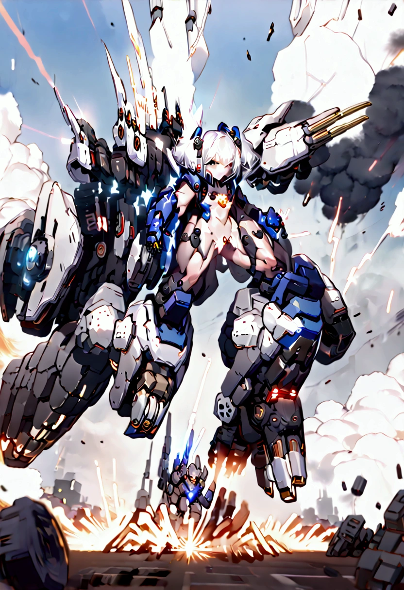 (((Mecha Musume))) ((Small stature white haired naked girl Wearing oversized limbs power suit)) ((oversized mecha boots and gloves)) battlefield amidst attacks, explosions around, battle stances, exaggerated fighting motion capture, fast movement bipedal running high speed. Laser blade fingers. 