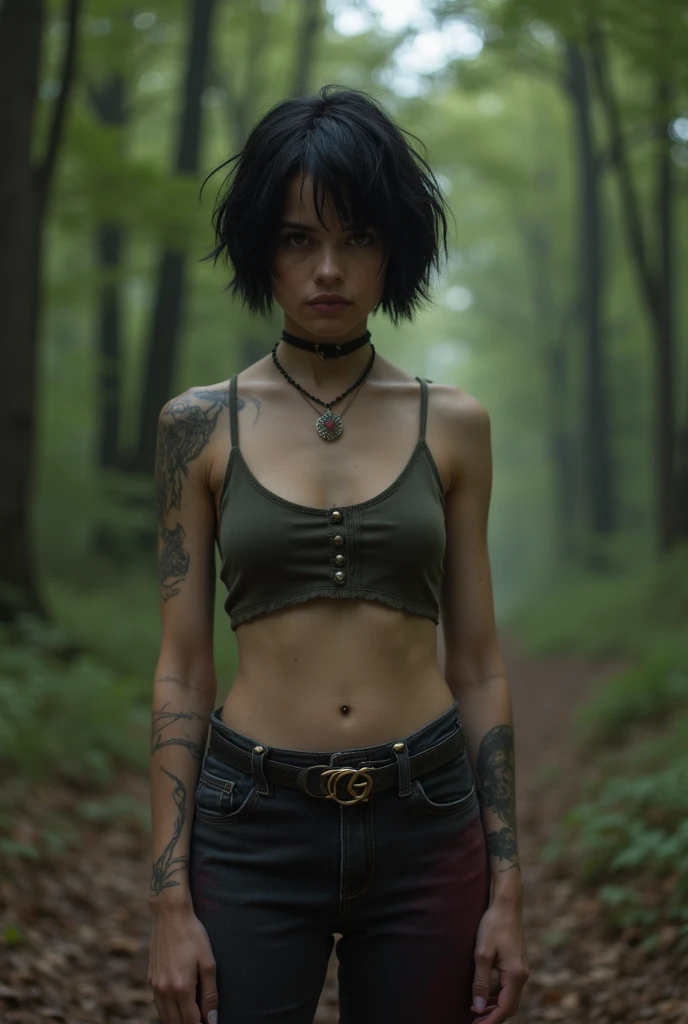 (Best Quality,hight resolution,Masterpiece, half body shot:1.2),Ultra-detailed,woman dressed in black thong and fishnet top,sickly,standing in a dark creepy farm at night, she's wearing a very sexy high waisted g-string black thong, she's standing with her legs open, very high waisted thong, creepy abandoned farm in the background, withered field, windmill in the background, devastated windmill, perfect body, sensual pose,full body shot, horror vibes, centered subject,gloomy ???????,??????,dark gloomy atmosphere, creepy atmosphere, gritty texture,Retro-atmosphere,warped reality,melancholic expression on his face,mysterious aura,foggy atmosphere,foggy background,Subtle color palette,provocative pose,Strong emotions,Coming Out of the Depths of Despair,Piercing gaze,intense shadows,Plunged in Darkness,dark industrial aesthetic,ominous vibe,A supernatural sensation,Loss of Place in Time and Space,Eerie silence.asymmetrical bangs, freckles, black short hair, Bangs, freckles, gray eyes,