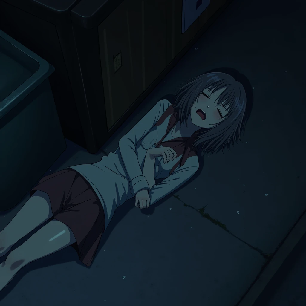 One Naked Girl、Japanese Style School、At the garbage station、Hands tied behind back、Wide-open legs、With legs apart、Knees up、Crouching、tits、Nipples、Pussy、Dark pink hair、Expressionless and dead-eyed、Looking down、blue eyes、looking at the camera、Bob Hair、The body is black and dirty with dust.