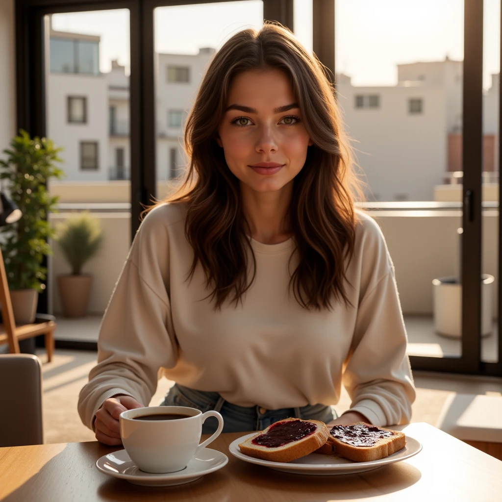  Isabella is sitting at the dining table in her modern apartment , having breakfast. She has long brown hair., with a natural style . She wears casual and youthful clothing :  a light-colored long sleeve t-shirt ,  skinny jeans and white sneakers .  On the table in front of her there is a coffee cup Steaming and a couple of toasts with blackberry jam,  with a juicy and shiny texture on the surface .  The scene is realistic and super detailed ,  showing the soft morning light coming through the window . The atmosphere is warm,  with details in the furniture such as a lamp on the table and a decorative plant in the background .  The atmosphere conveys a cozy and calm feeling 