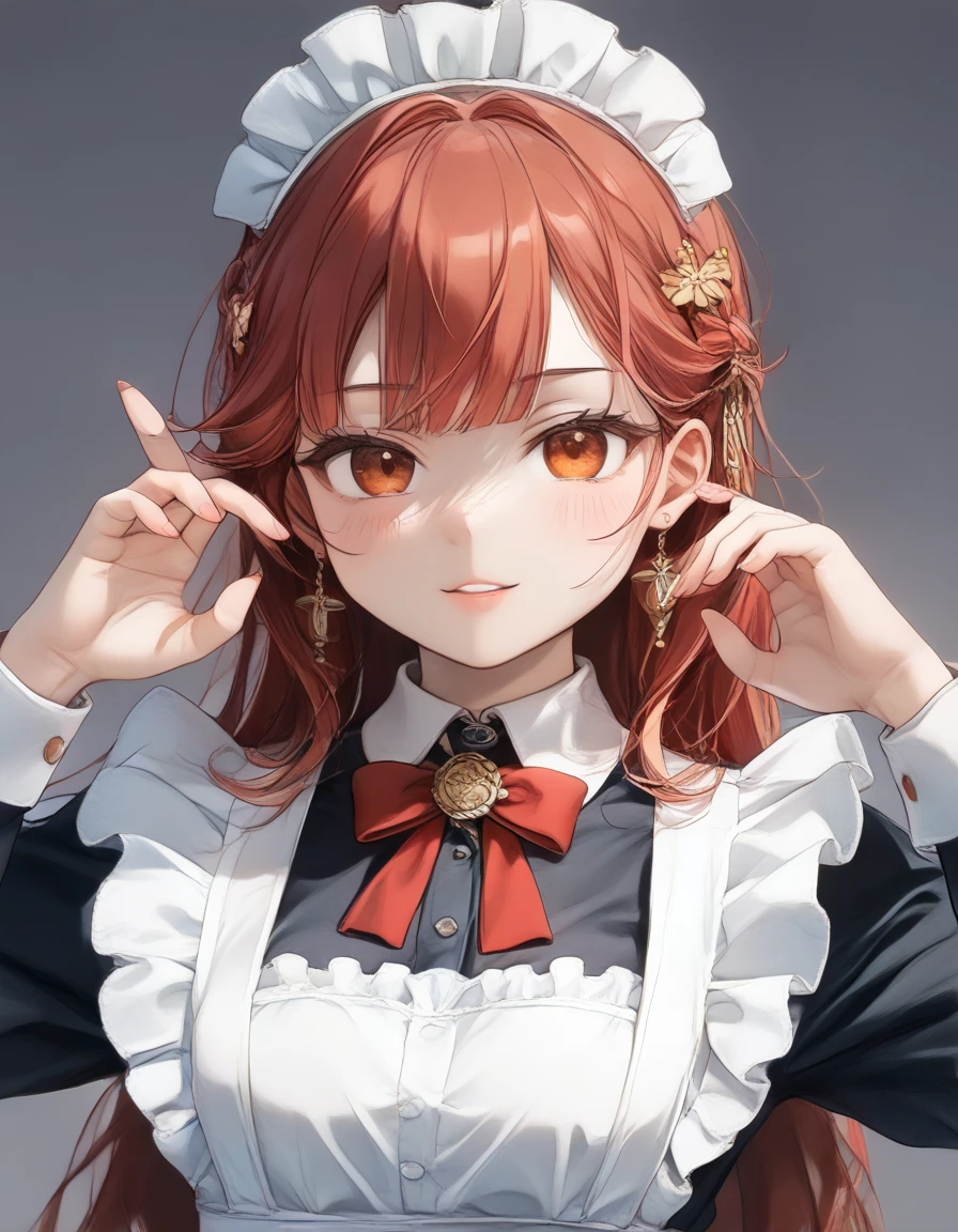  1 girl、Red Haired Girl、（Detailed anatomical features、anime スタイル:1.2）、（ top quality 、4K、8k、 high definition 、masterpiece:1.2）、 super detailed 、Stunning lighting、Soft colors、 pubic skin、anime、anime スタイル、Maid、Maid衣装、 enchantment、 Long Sleeve 、( draw so you can't see the hair:1.7)、( upper body:1.7)、( no background :2.0)、 change pose 、(Draw :1.7)、