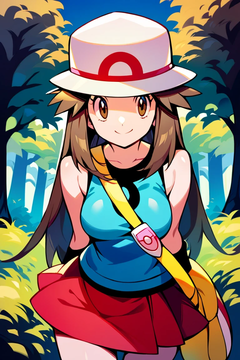 score_9, score_8_up, score_7_up, score_6_up, best quality, source_anime, cel shading, flat color, vector, detailed background, blue background, clouds, trees, forest, BREAK 1girl, solo, leaf_(\pokemon\), brown hair, long hair, brown eyes, white hat, blue sleeveless shirt, red skirt, yellow duffle bag, wristbands, medium breasts, bent over, close up, cowboy shot, looking at viewer, from front, smile, closed mouth, breasts squeezed together,